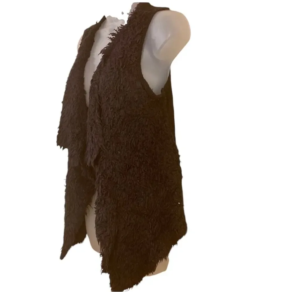 Kensie Boho Black Open Front Vest Sz XS Knit Shag Drape Layered VTG Hippie 70s